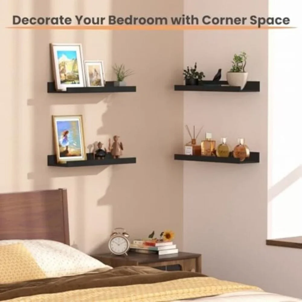 New Floating Wall Shelves, Set of 6 Black Wood Shelves for Home Decor
